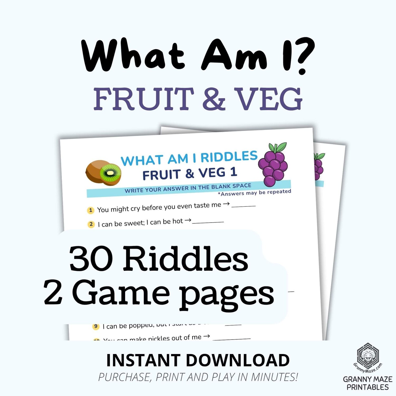 Senior Riddle Printabl What Am I Riddles: Fruit and Veg — Printable Game for Seniors with Dementia