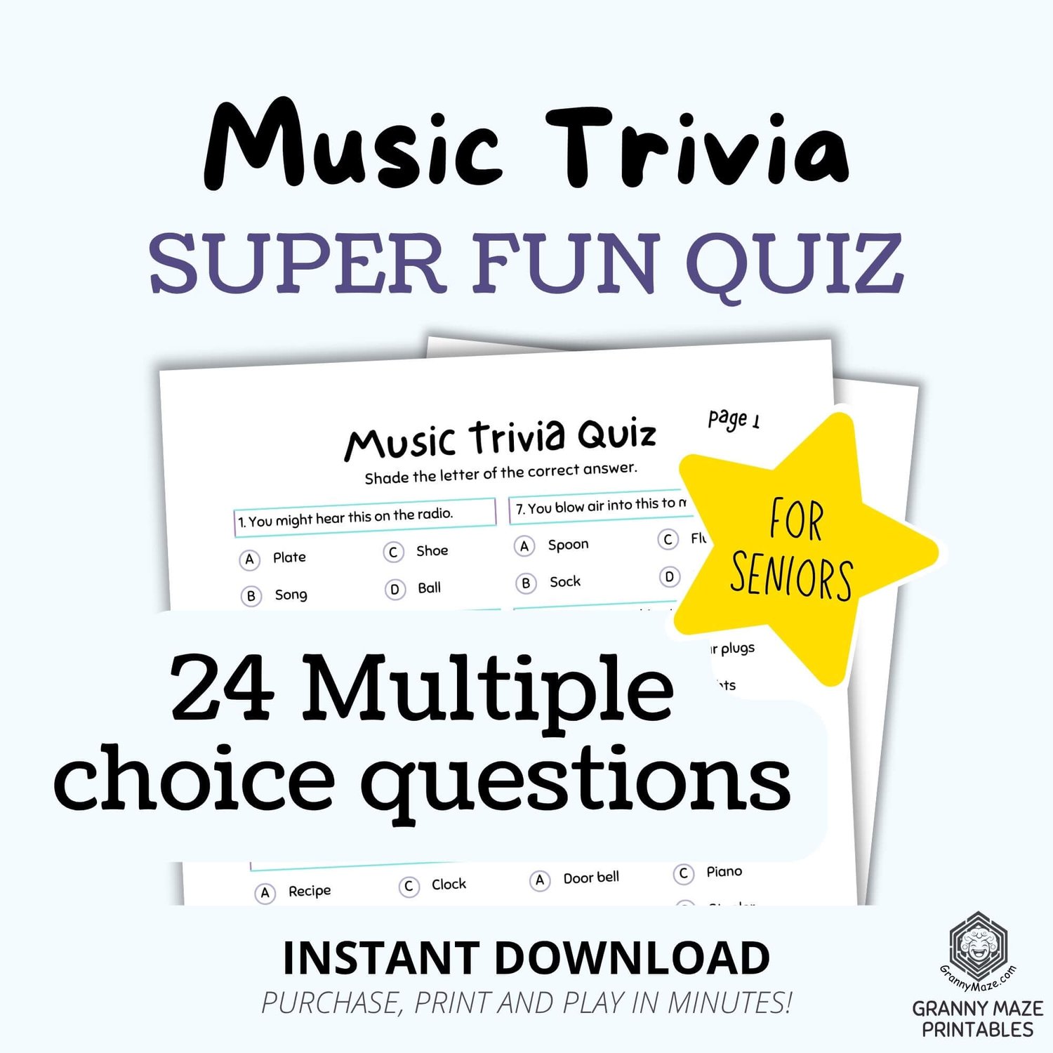 Music Trivia Quiz — Printable Game for Seniors with Dementia