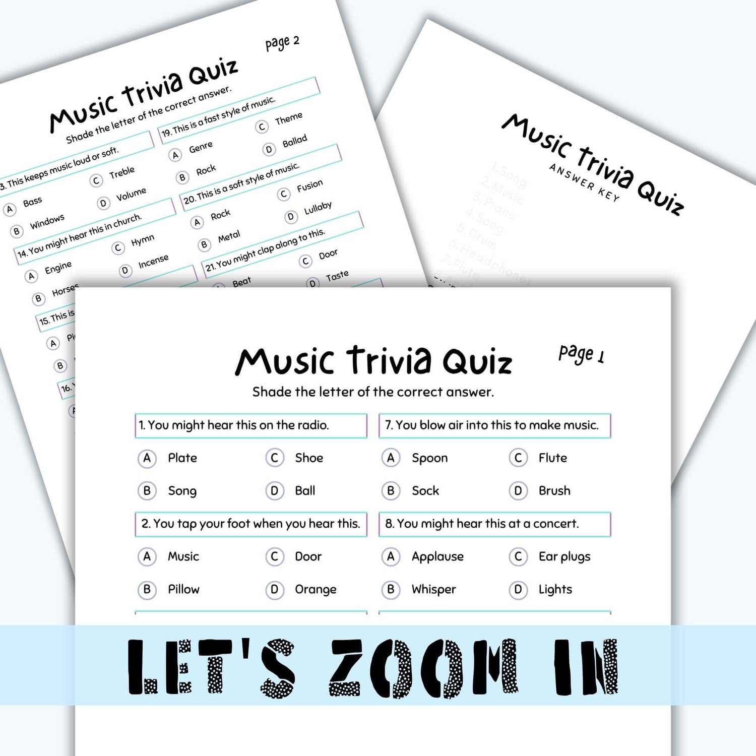 Music Trivia Quiz — Printable Game for Seniors with Dementia