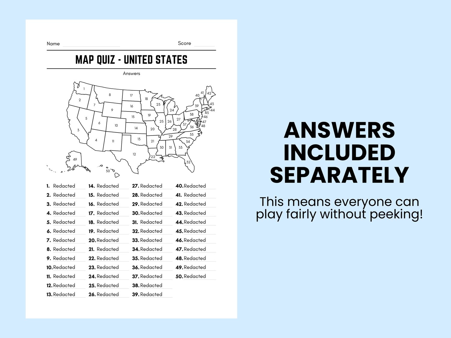 United States Map Quiz With Answers – Instant Download