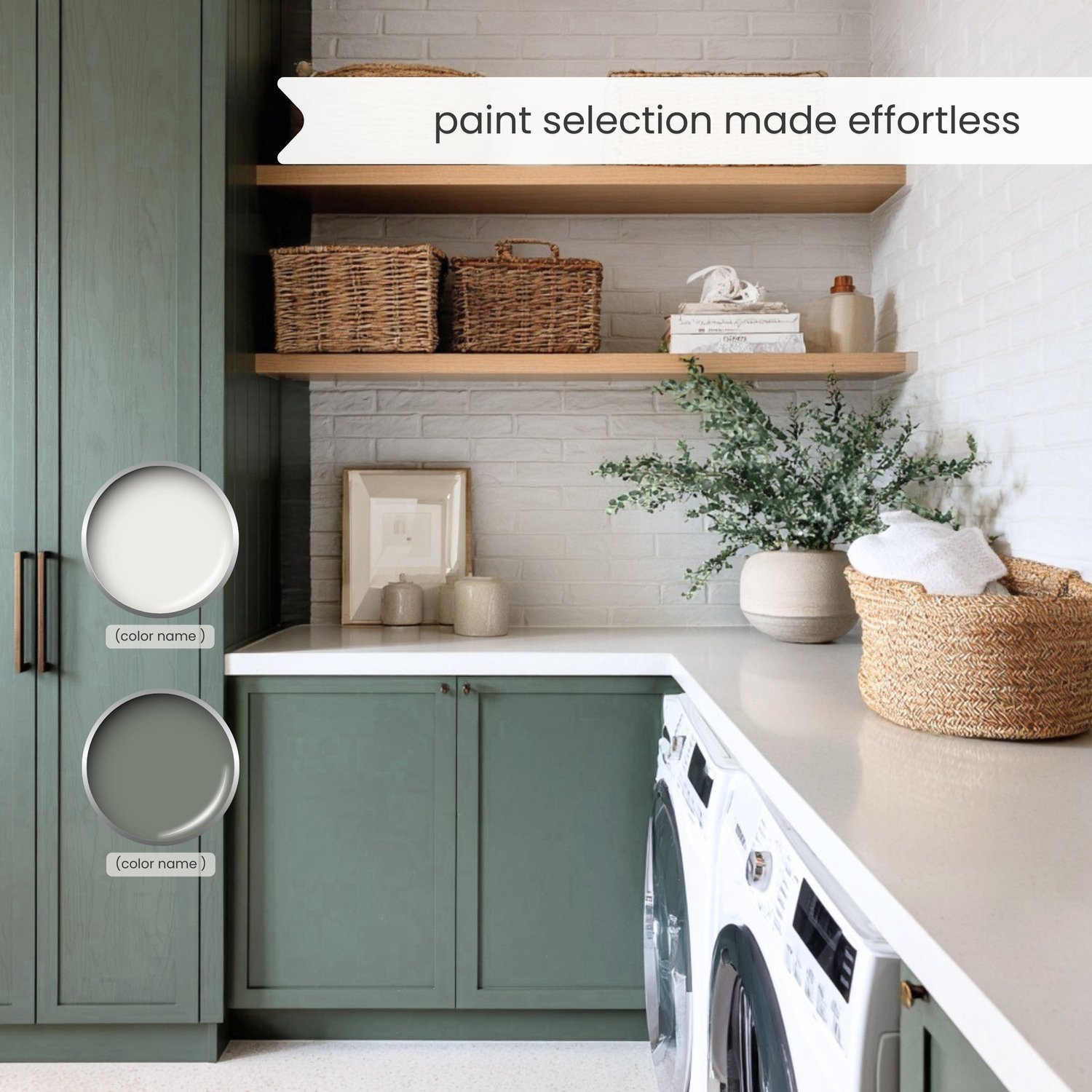 A Sherwin Williams Agreeable Gray paint color palette with coordinating and complementary timeless white, beige, warm neutral, blue, green and gray colors for the whole house interior design. Curated by Lavenia Shash.