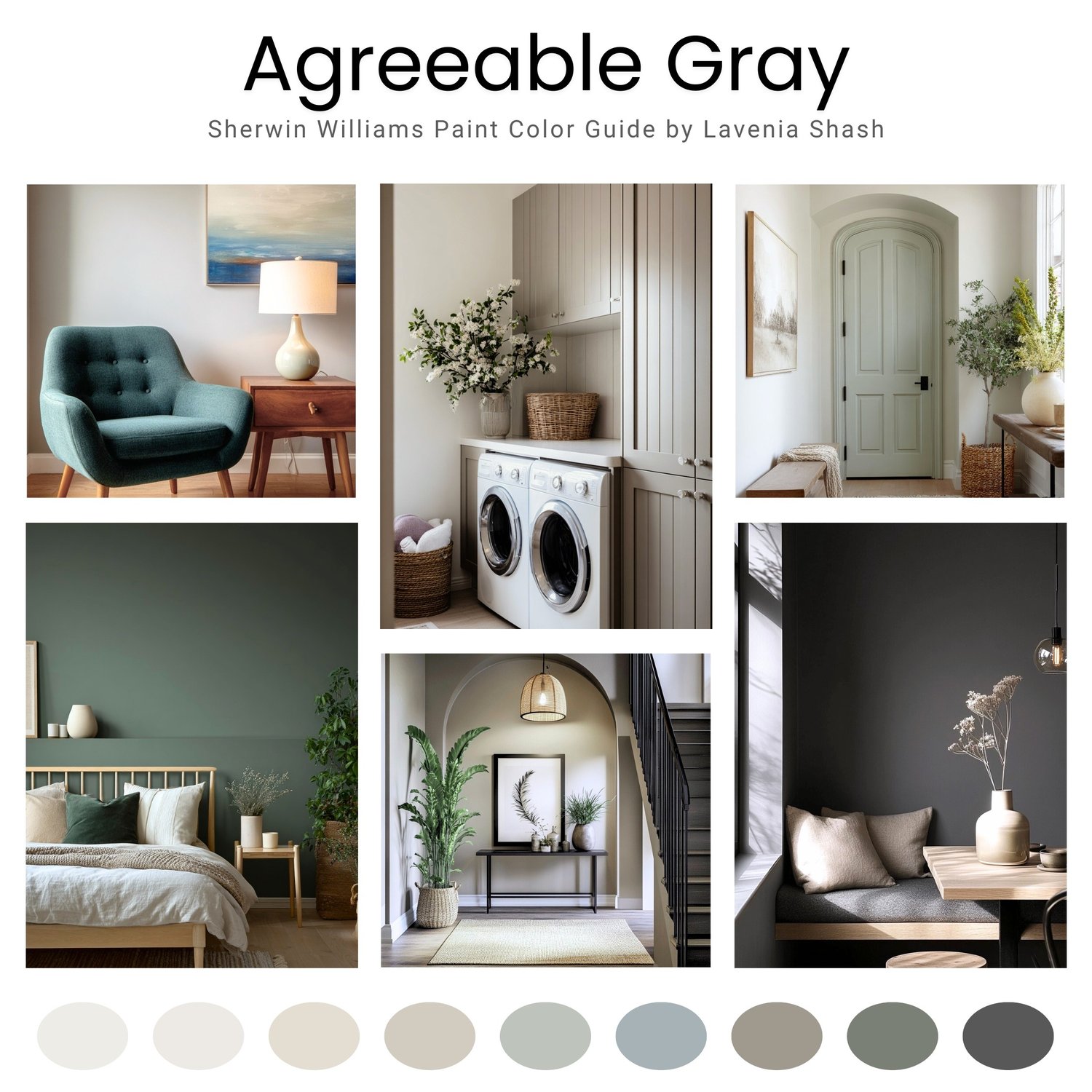 A Sherwin Williams Agreeable Gray paint color palette with coordinating and complementary timeless white, beige, warm neutral, blue, green and gray colors for the whole house interior design. Curated by Lavenia Shash.