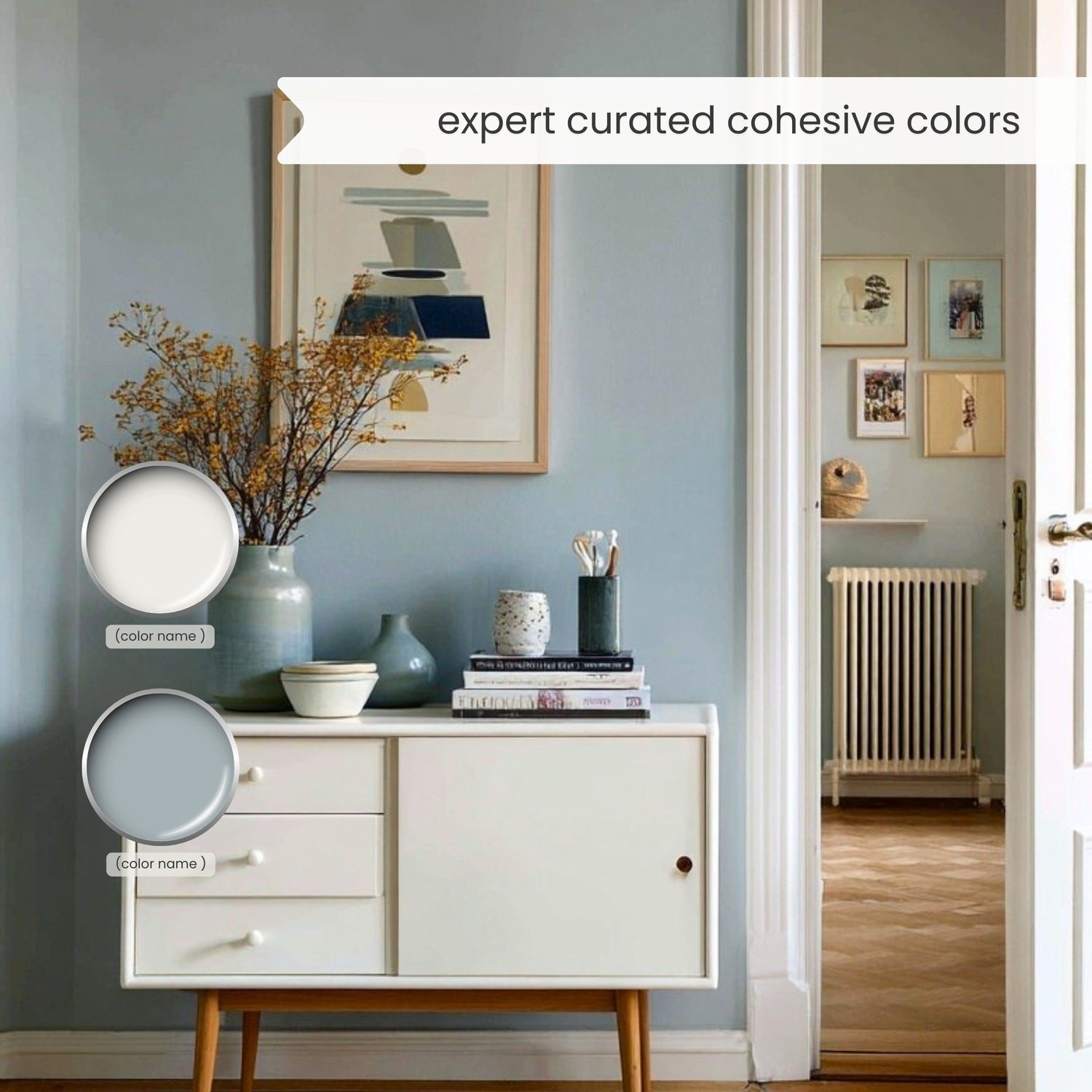 A Sherwin Williams Agreeable Gray paint color palette with coordinating and complementary timeless white, beige, warm neutral, blue, green and gray colors for the whole house interior design. Curated by Lavenia Shash.