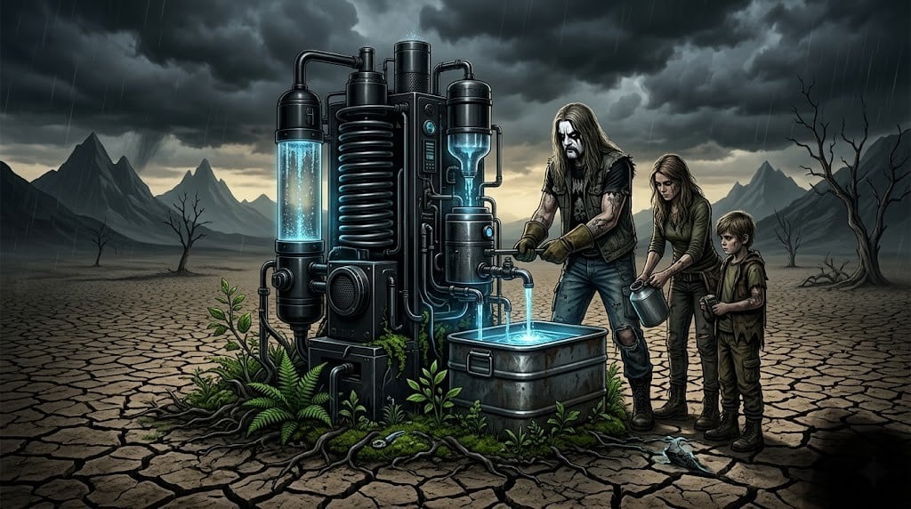 Off-grid family using atmospheric water technology in a drought survival environment with dark eco-prepper aesthetic and glowing clean water system