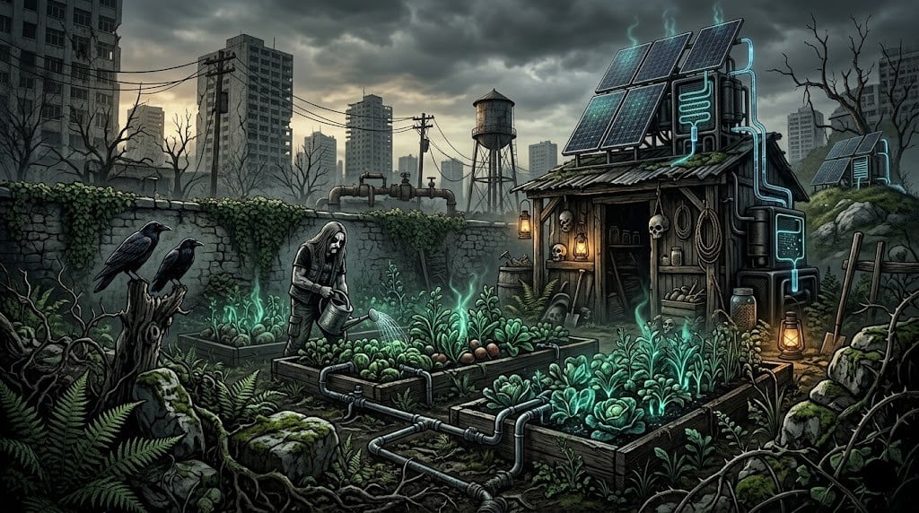 Thriving off-grid survival garden during drought conditions with hidden atmospheric water harvesting device and gothic eco-survival atmosphere