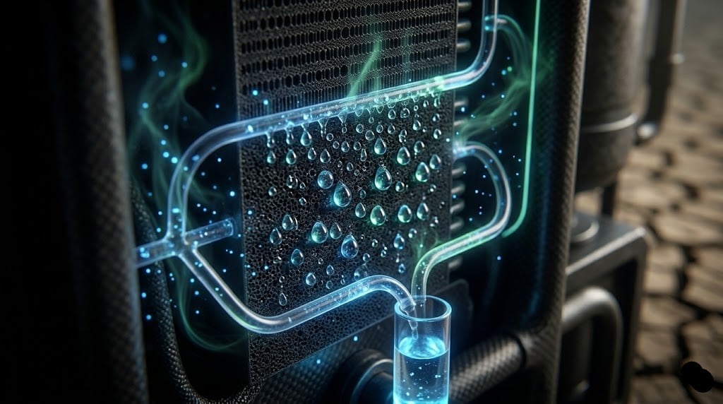 Futuristic atmospheric water generator collecting moisture from air with cinematic blue lighting and dark survival technology theme