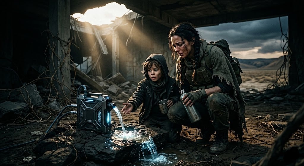 Mother and child discovering clean water from a compact off-grid water device in a dramatic drought survival setting