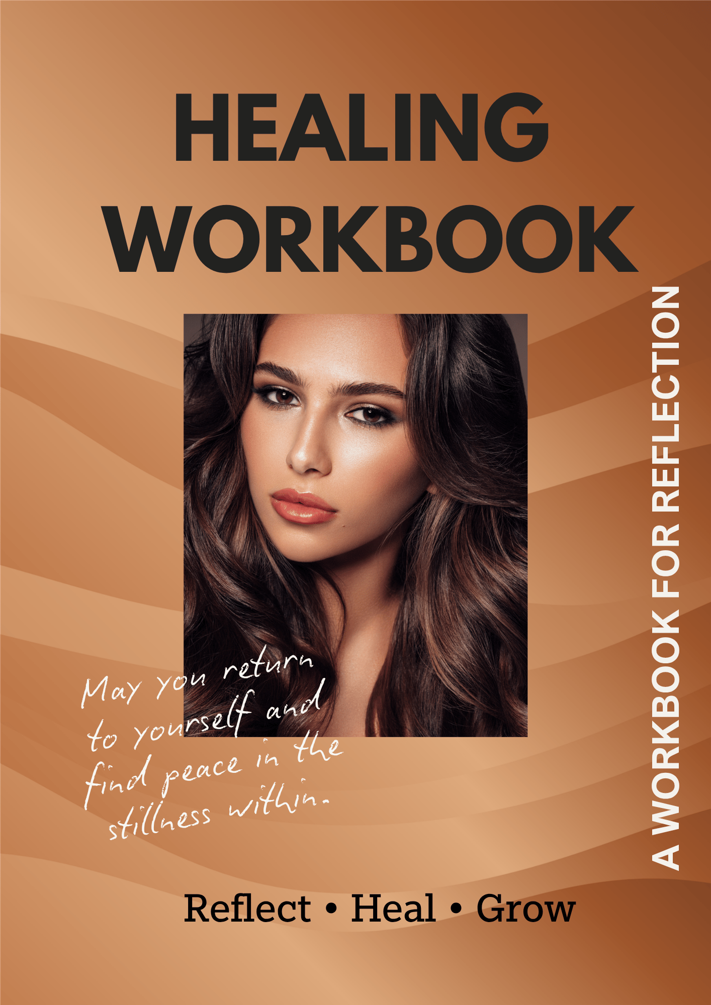 Minimal aesthetic healing journal workbook cover in warm brown tones with self-reflection and wellness theme.