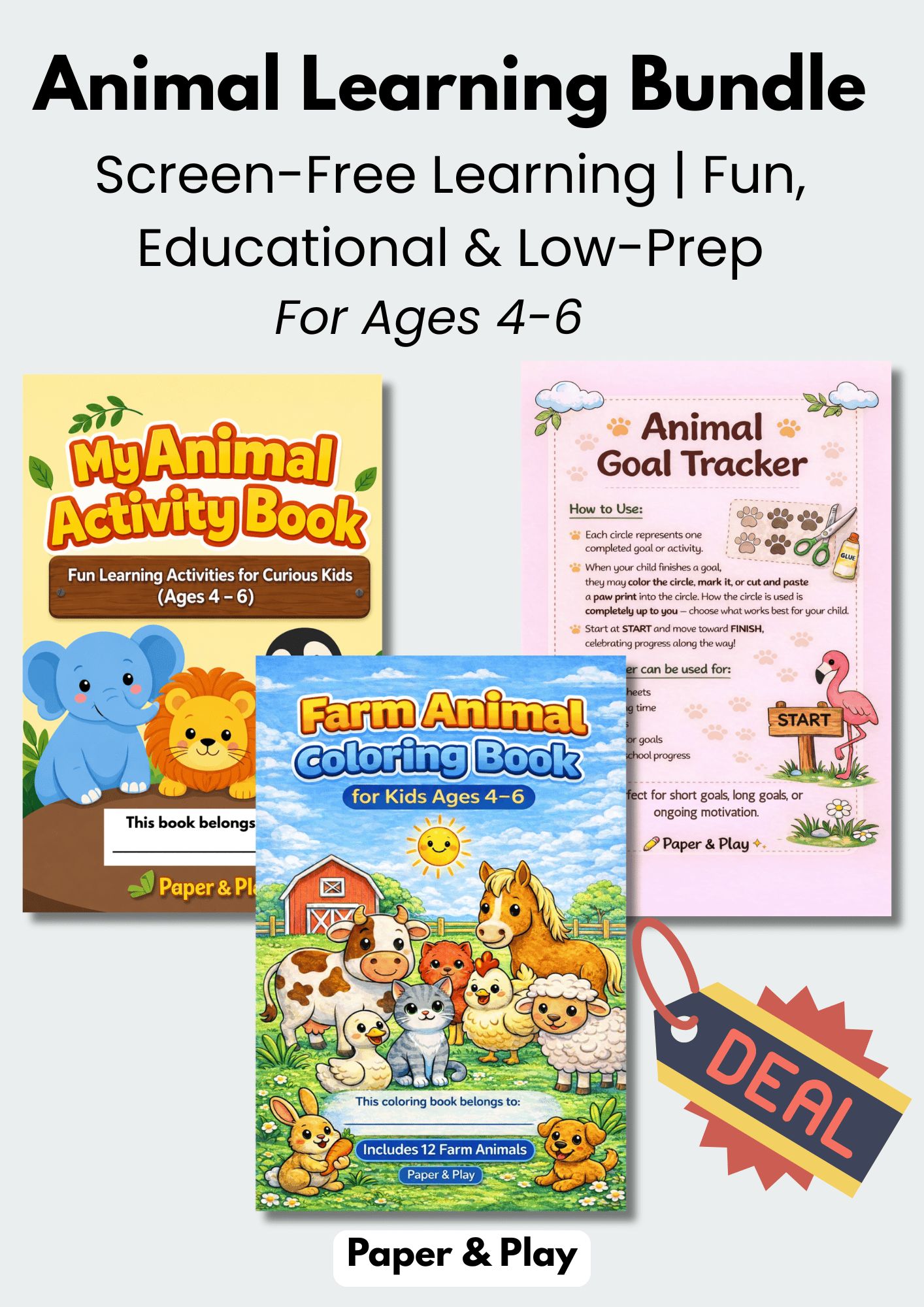 A 3-piece printable bundle for kids including a 12-page animal activity book, a farm animal coloring book, and an interactive animal goal tracker with paw print cutouts.