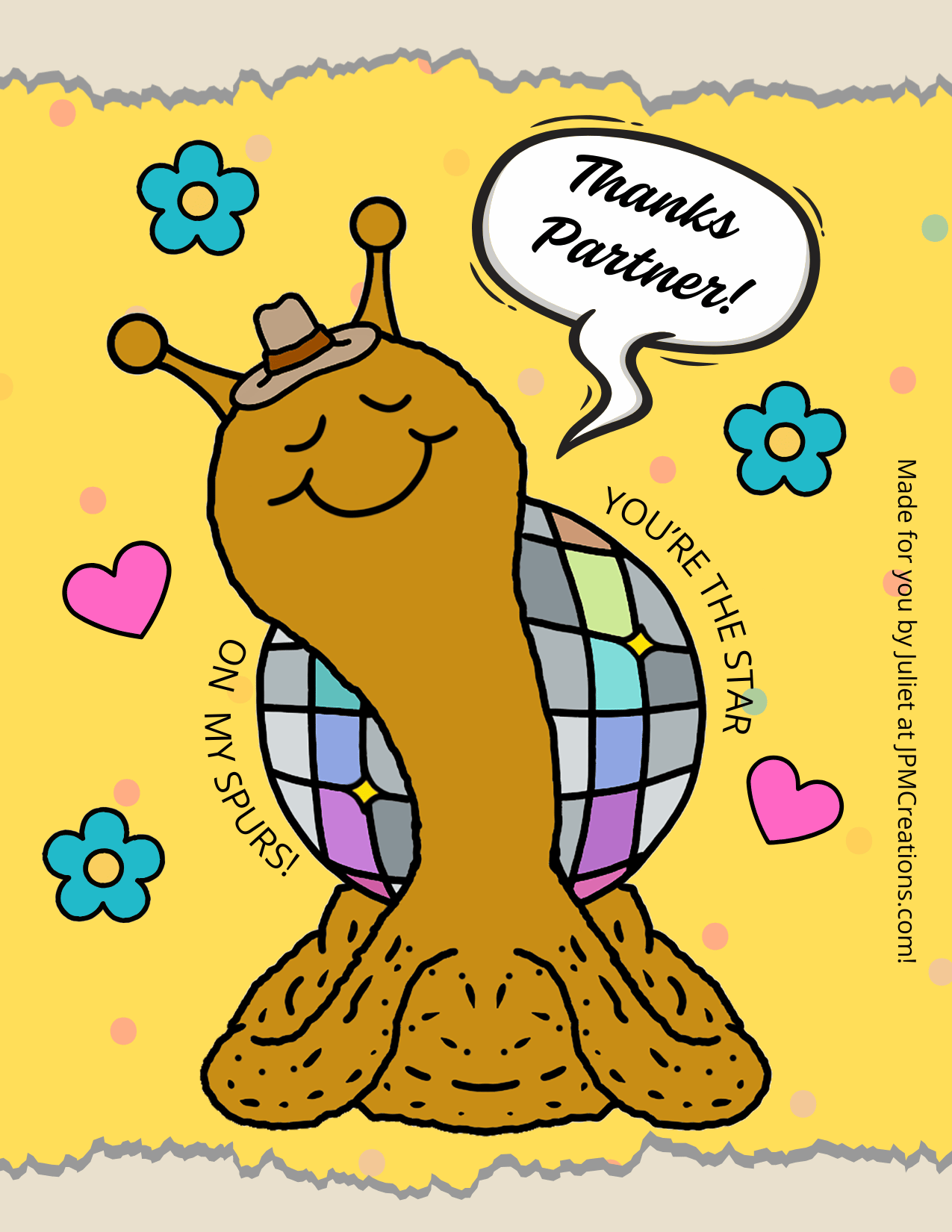 Cute Snail Disco Ball Cowgirl "Thanks Partner!" Shareable Postcard
