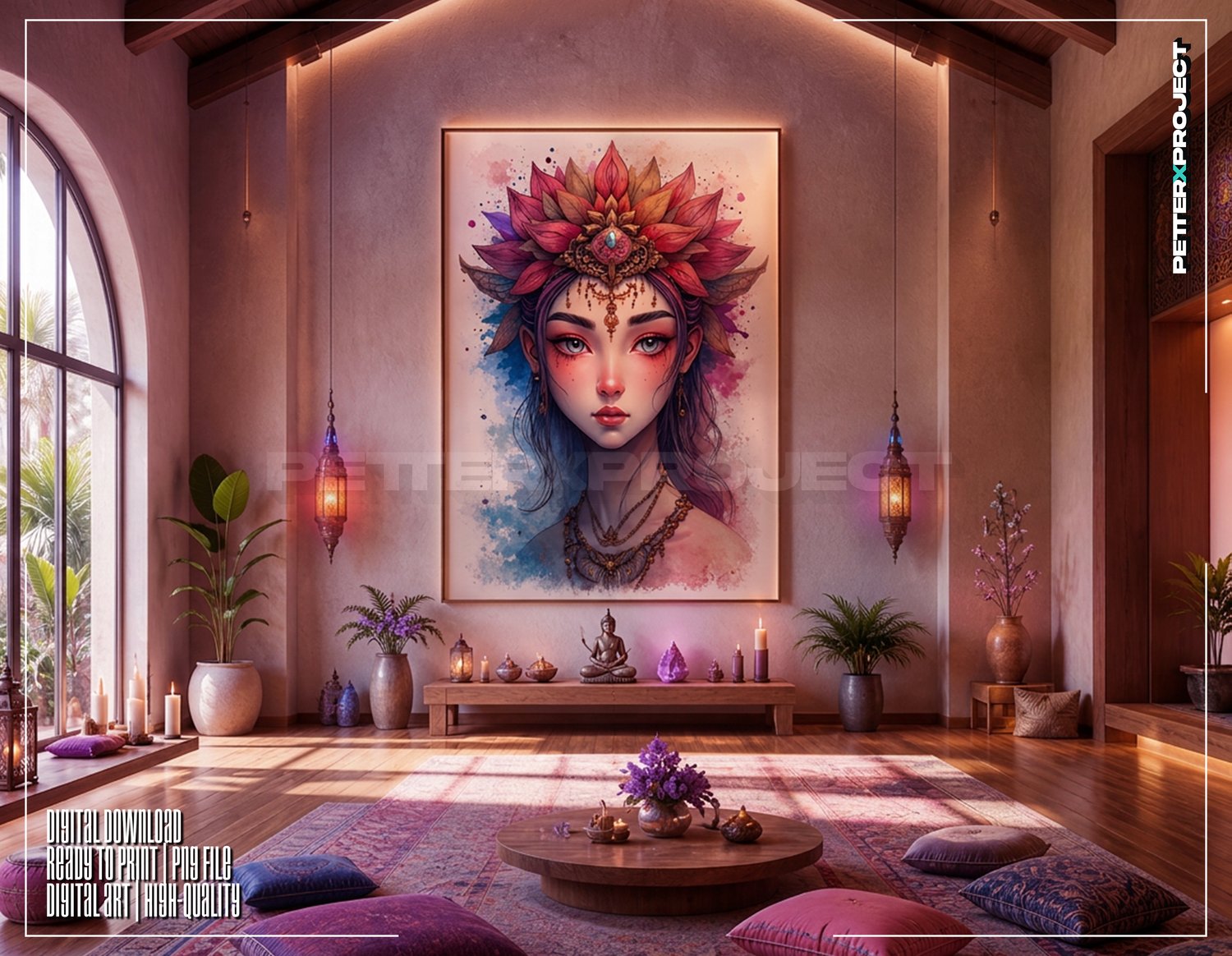 Lotus Princess | Watercolor Portrait PNG | Ethereal Fantasy Woman Clipart | Floral Crown | Boho Spiritual Wall Art | Hi-Res