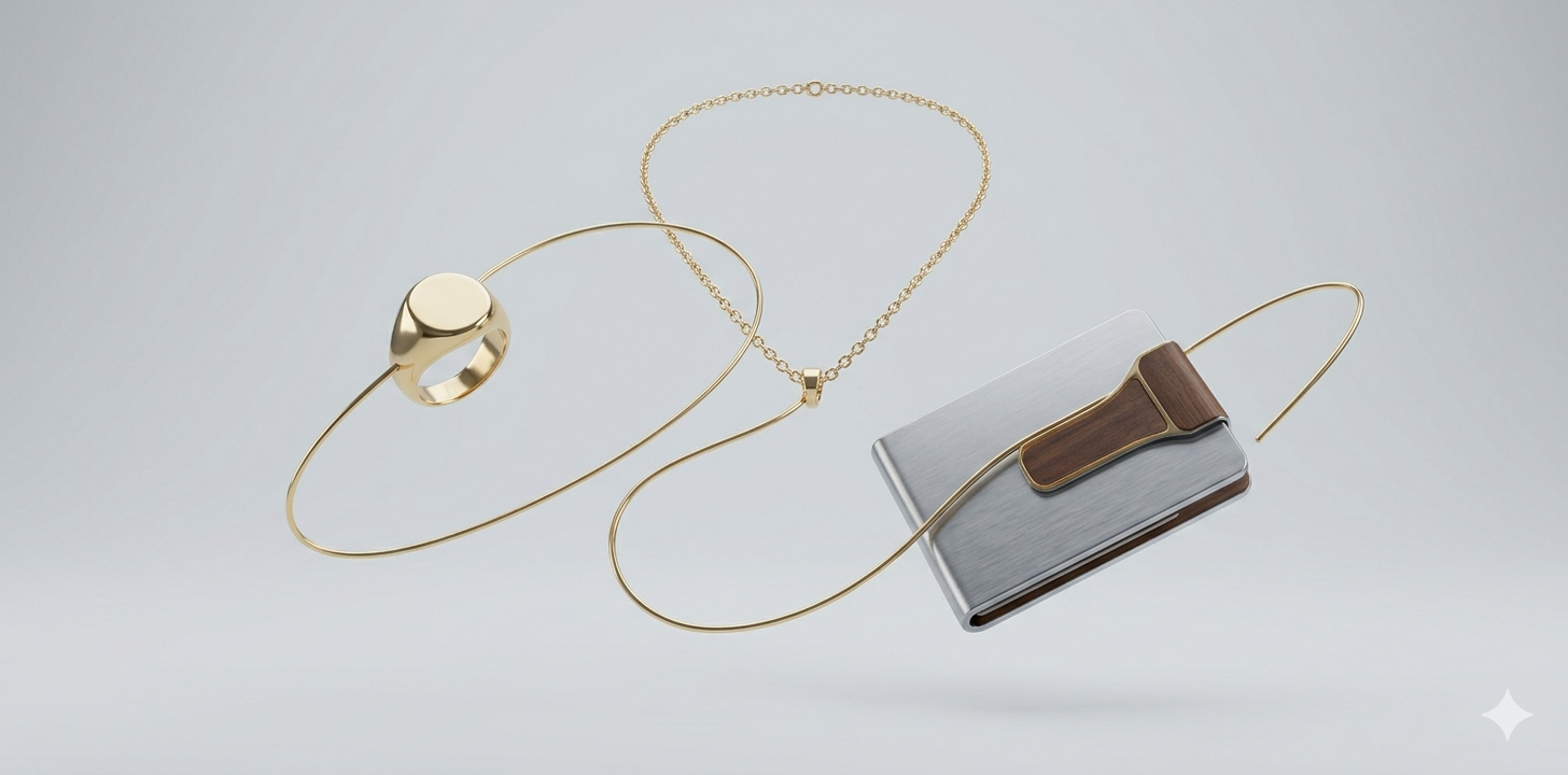 Ultra-minimal conceptual 3D render in light grey limbo with soft lighting. A gold signet ring, delicate necklace chain, and brushed aluminum wallet float.