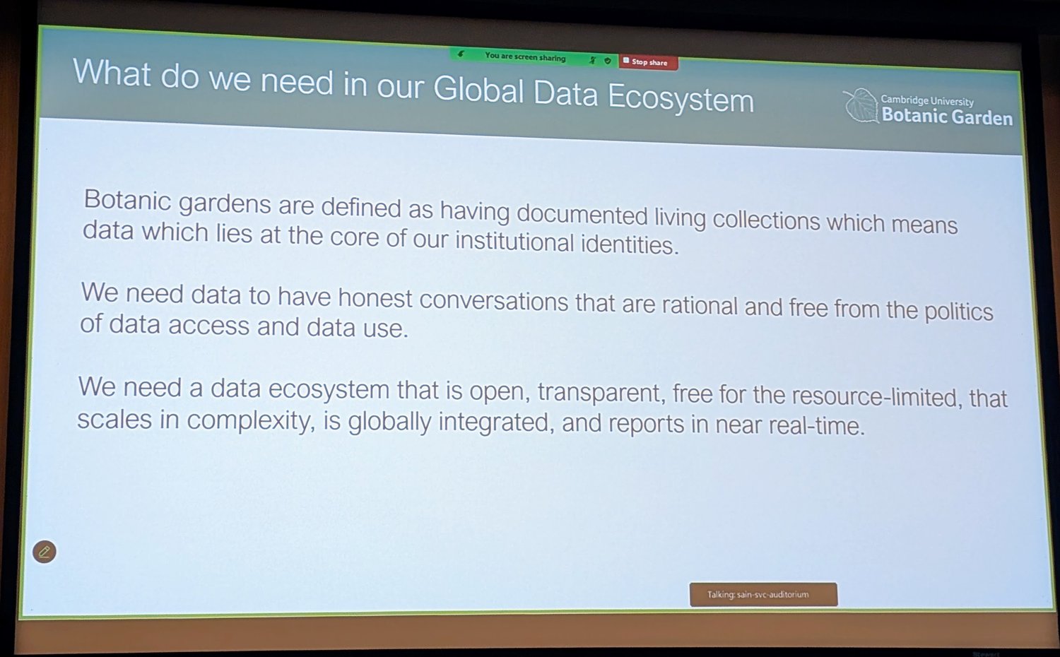 A presentation slide entitled 'what do we need in our global data ecosystem?'