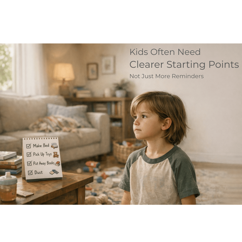 Warm, cozy blog header image showing a thoughtful young child standing in a slightly messy living room beside a simple visual helper checklist. Text overlay reads “Kids Often Need Clearer Starting Points, Not Just More Reminders.” The image represents how
