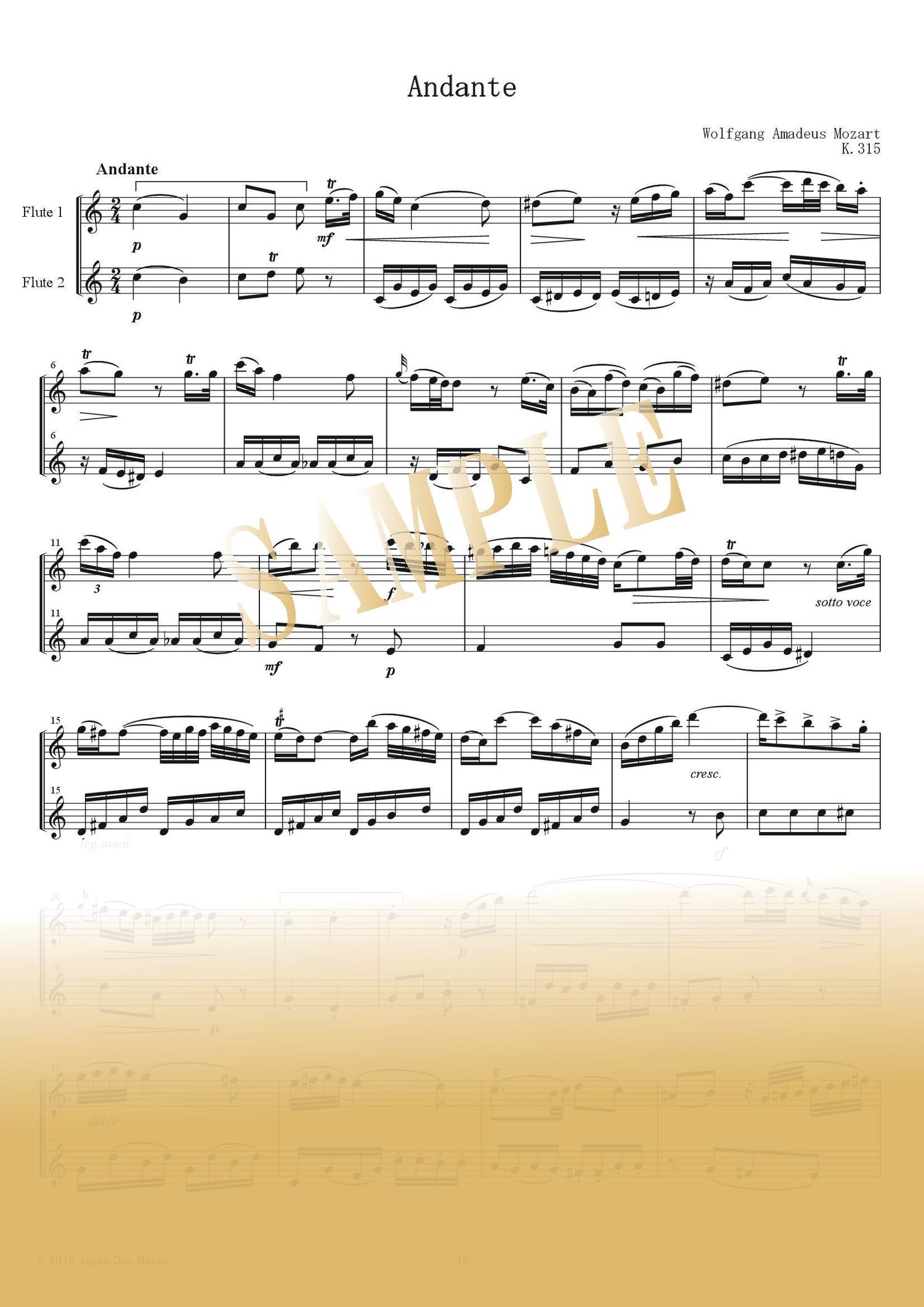 Sample page from Andante K.315 by W. A. Mozart – flute duet score for two flutes