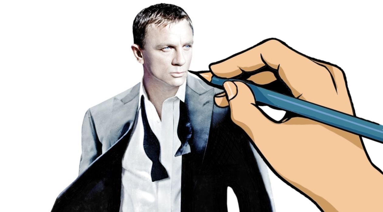 An image depicts a colored sketch drawing of Daniel Craig as James Bond, that is being drawn with a hand holding a pencil.