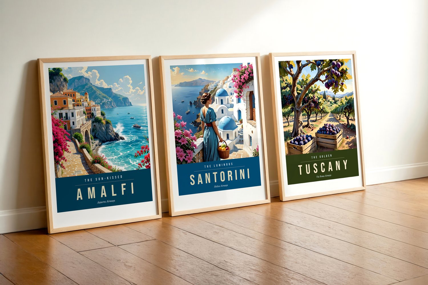 Mediterranean bundle of three prints Amalfi, Santorini and Tuscany
