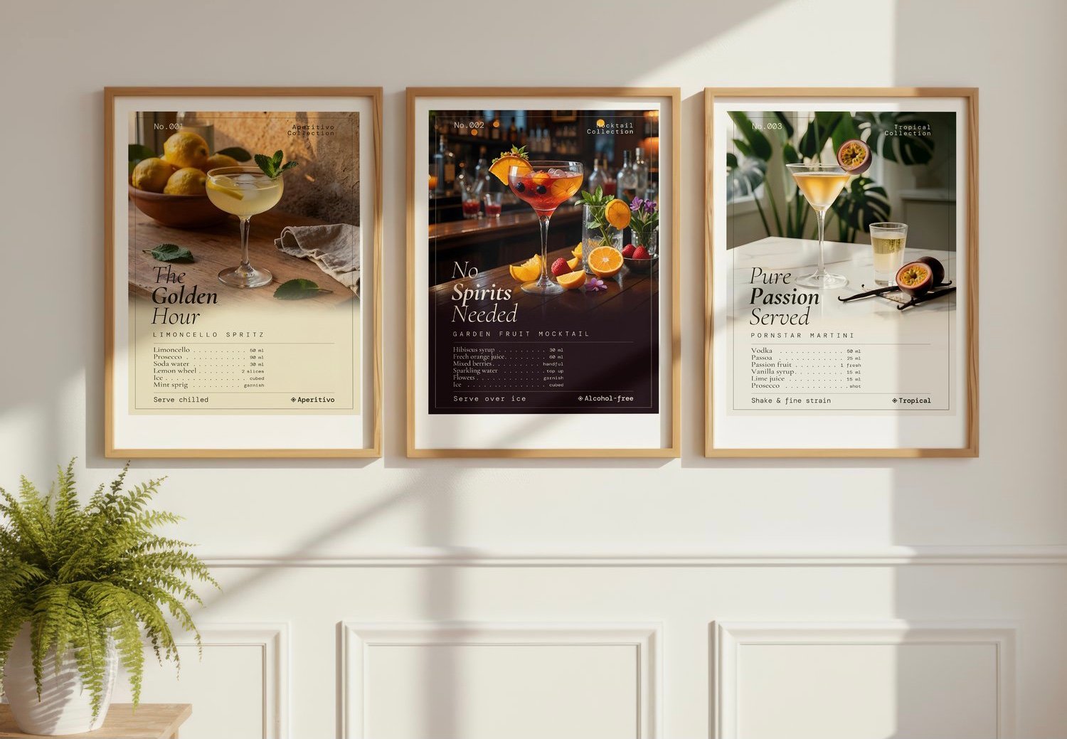 Three cocktail recipe prints Limoncello, Mocktail and Pornstar Martini