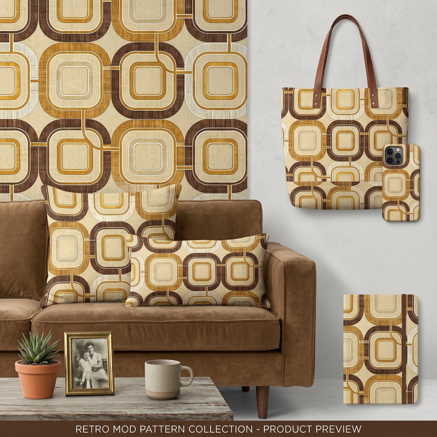 Retro Geometric Seamless Pattern Mid Century Modern Abstract Background Beige Brown Gold Wallpaper Design