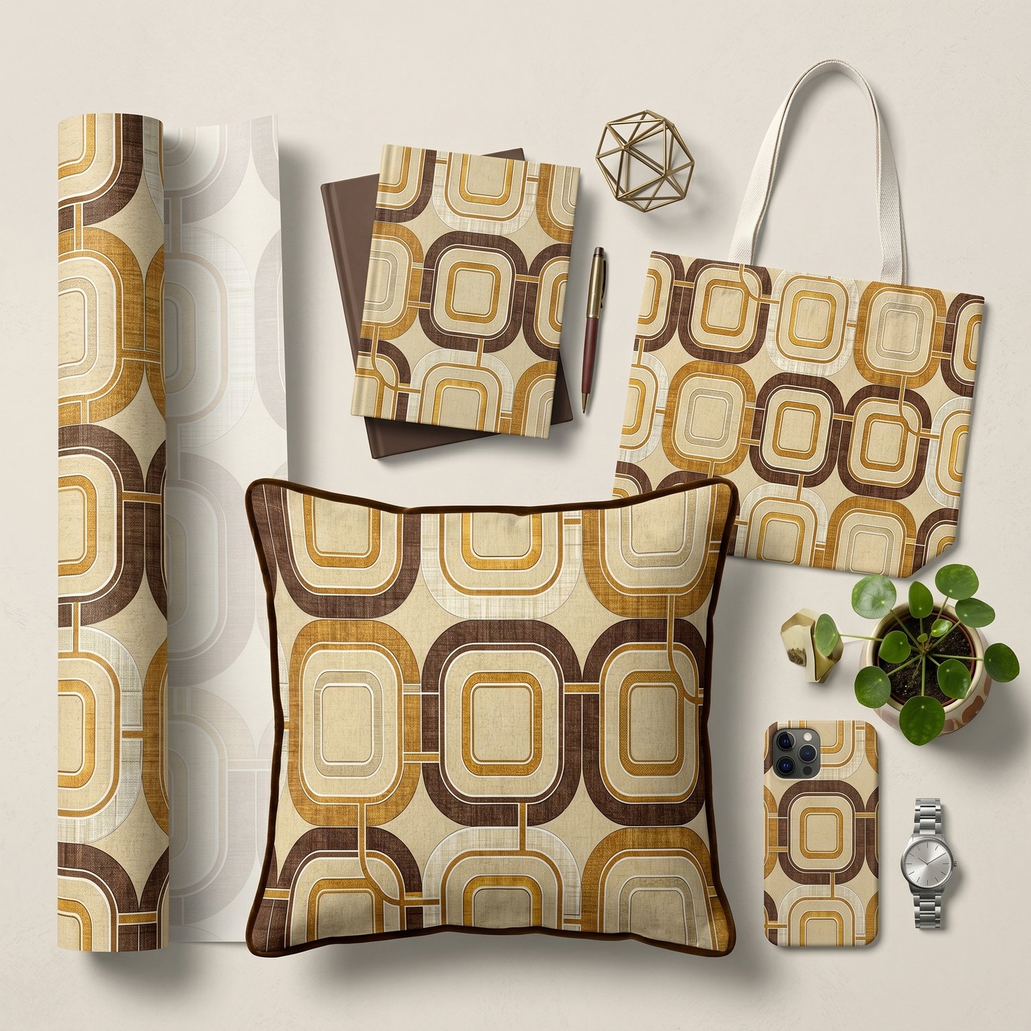 Retro Geometric Seamless Pattern Mid Century Modern Abstract Background Beige Brown Gold Wallpaper Design
