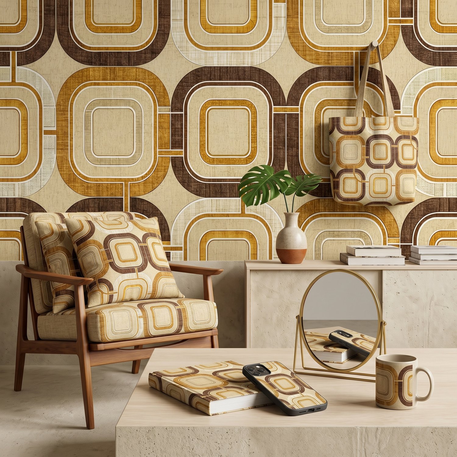 Retro Geometric Seamless Pattern Mid Century Modern Abstract Background Beige Brown Gold Wallpaper Design