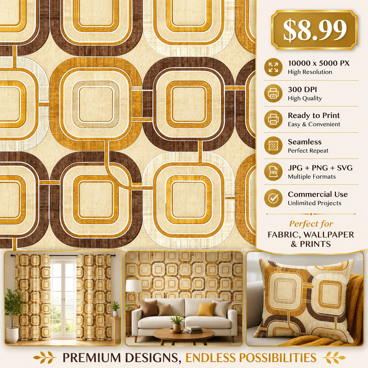 Retro Geometric Seamless Pattern Mid Century Modern Abstract Background Beige Brown Gold Wallpaper Design