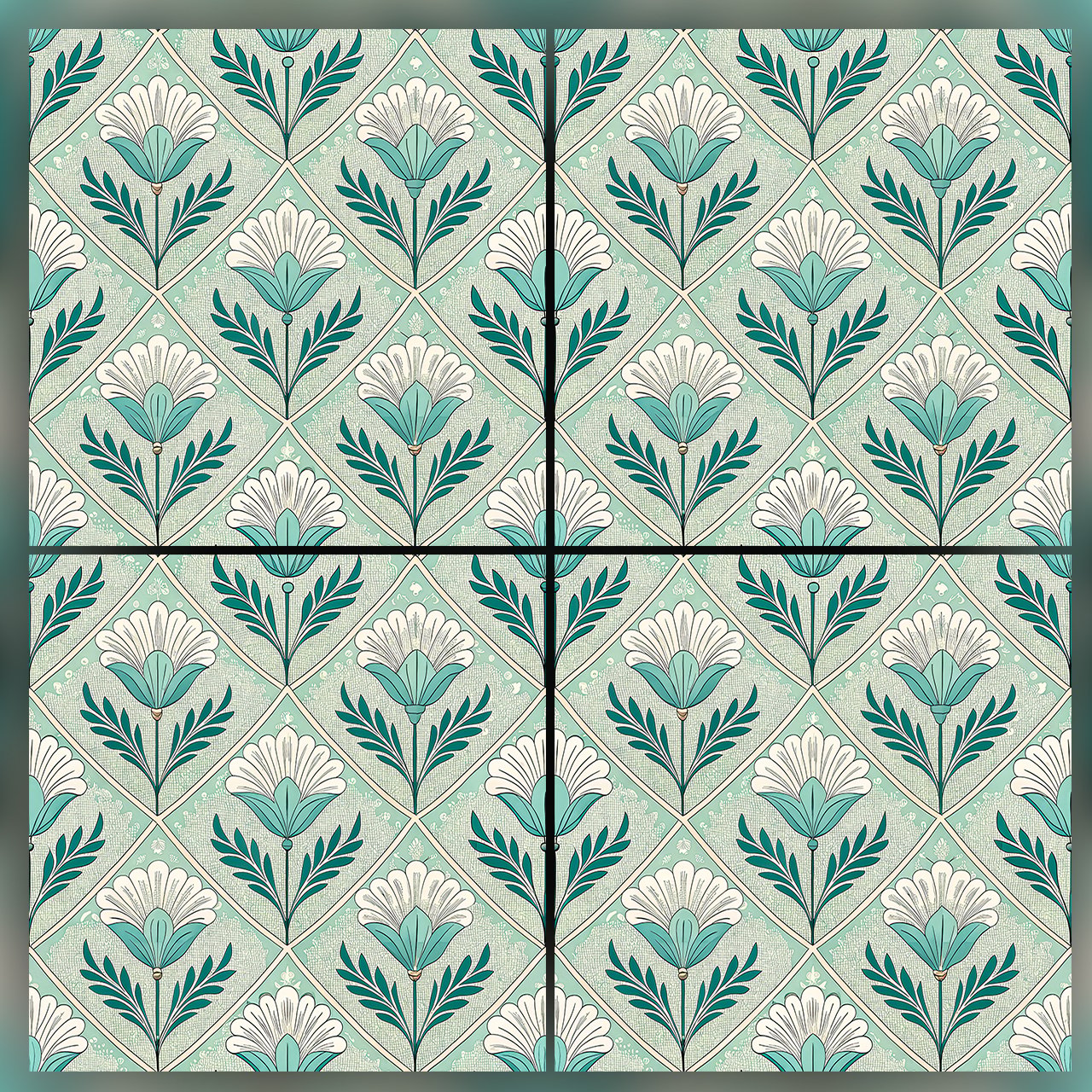 Art Deco Floral Seamless Pattern Teal White Botanical Geometric Background for Wallpaper and Fabric Design