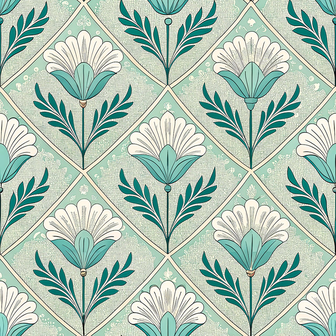 Art Deco Floral Seamless Pattern Teal White Botanical Geometric Background for Wallpaper and Fabric Design