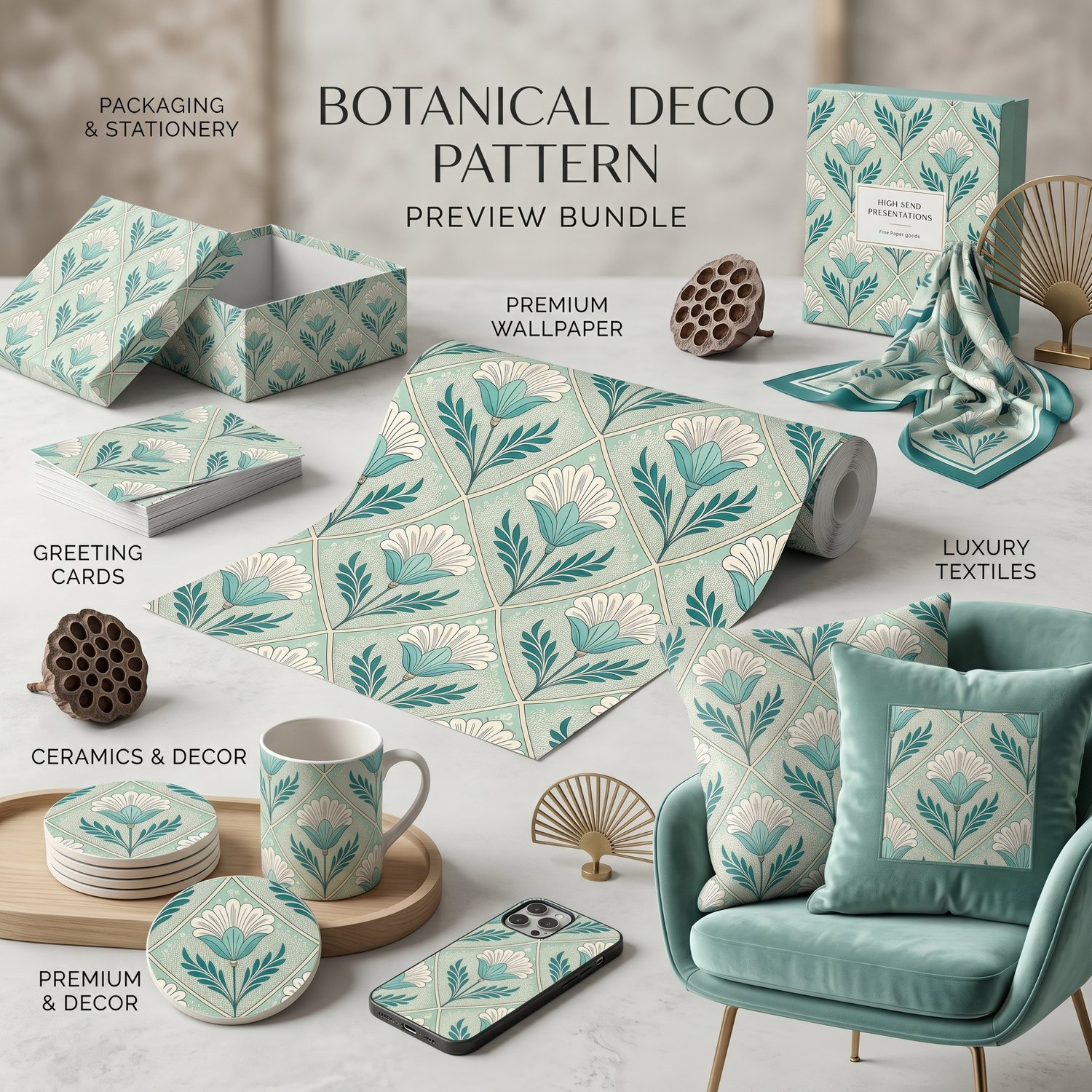 Art Deco Floral Seamless Pattern Teal White Botanical Geometric Background for Wallpaper and Fabric Design