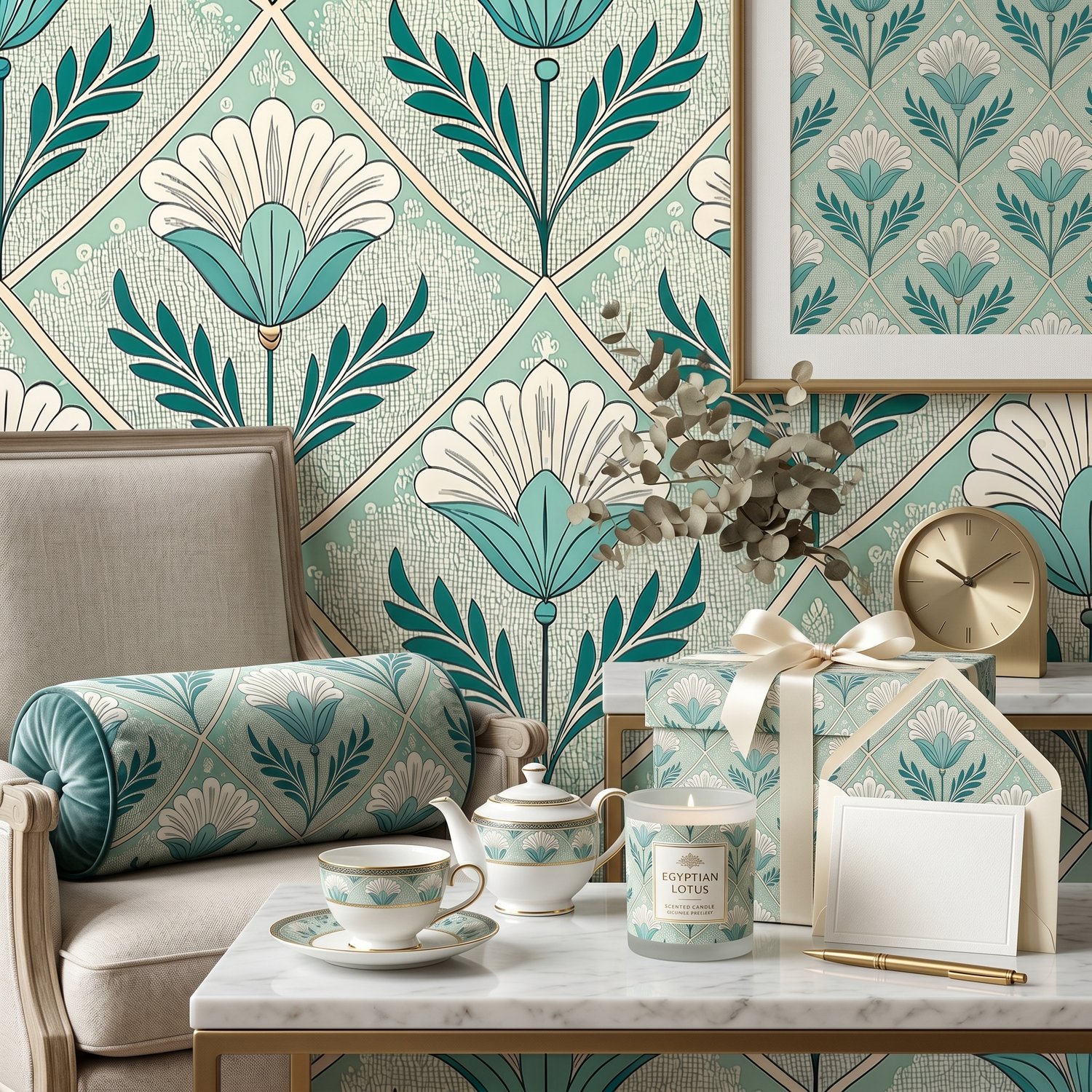Art Deco Floral Seamless Pattern Teal White Botanical Geometric Background for Wallpaper and Fabric Design