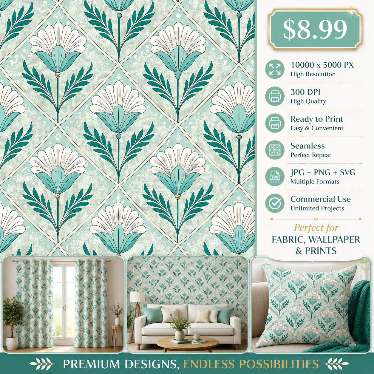 Art Deco Floral Seamless Pattern Teal White Botanical Geometric Background for Wallpaper and Fabric Design