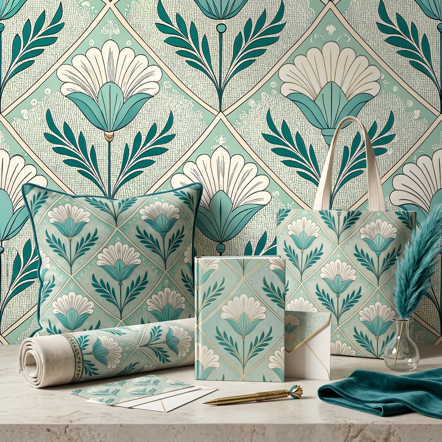 Art Deco Floral Seamless Pattern Teal White Botanical Geometric Background for Wallpaper and Fabric Design