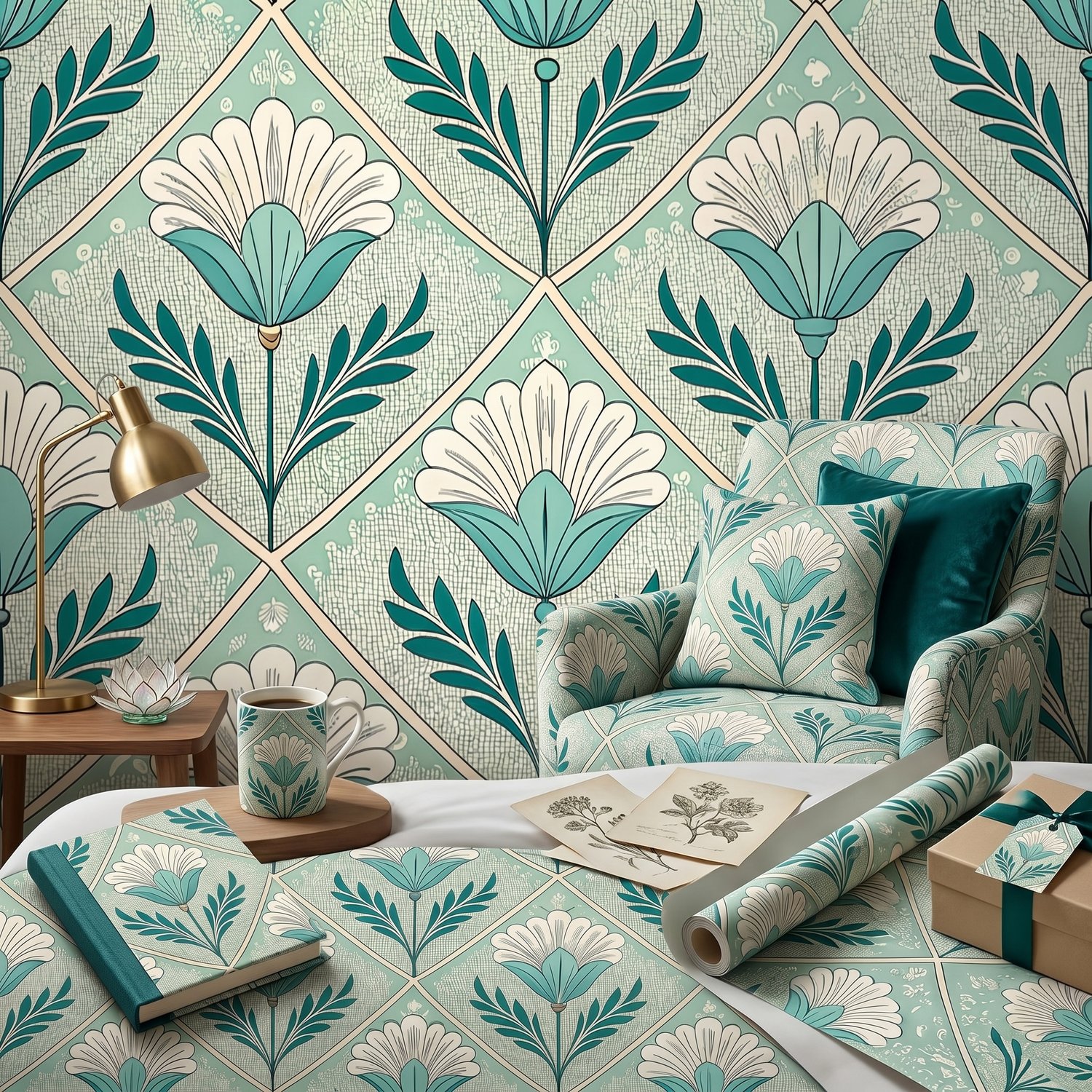 Art Deco Floral Seamless Pattern Teal White Botanical Geometric Background for Wallpaper and Fabric Design