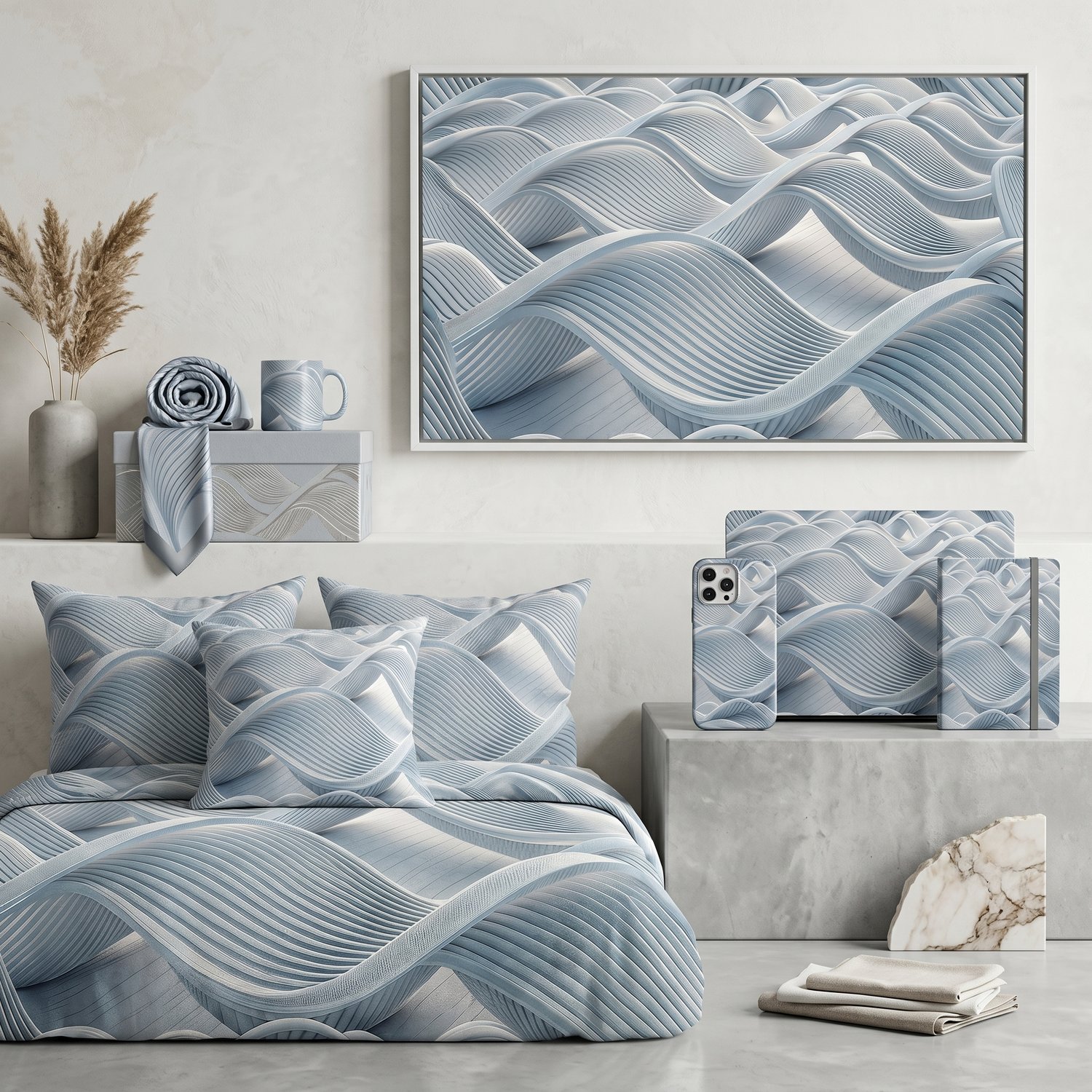 Abstract Wave Seamless Pattern Light Blue 3D Ribbed Flow Background for Wallpaper Fabric and Prints