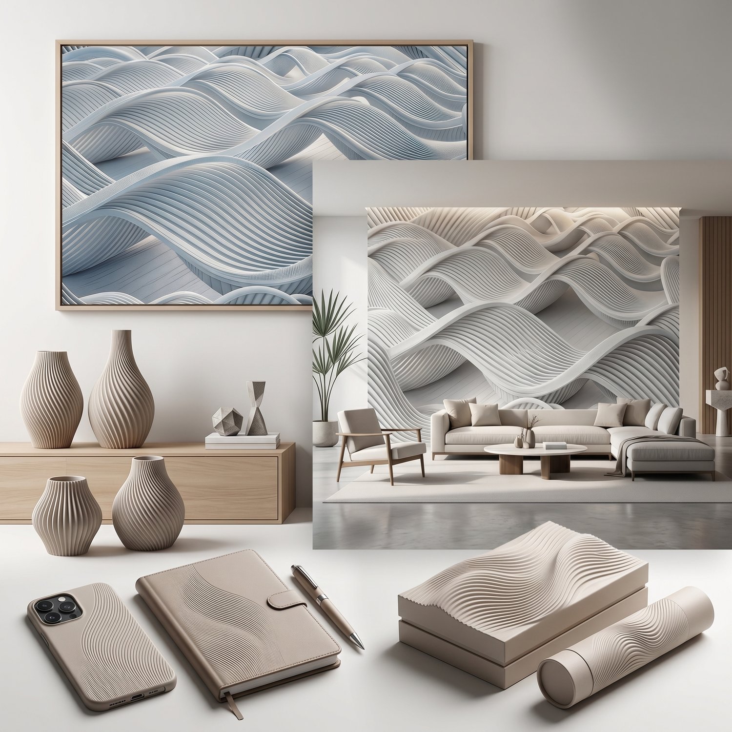 Abstract Wave Seamless Pattern Light Blue 3D Ribbed Flow Background for Wallpaper Fabric and Prints