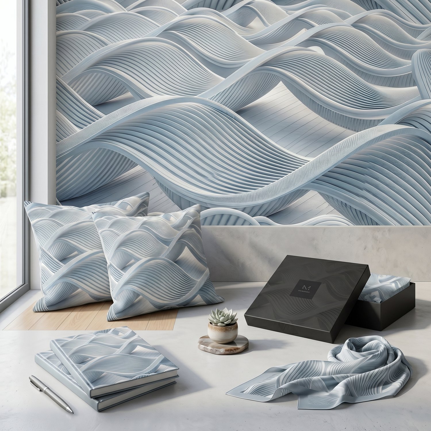 Abstract Wave Seamless Pattern Light Blue 3D Ribbed Flow Background for Wallpaper Fabric and Prints