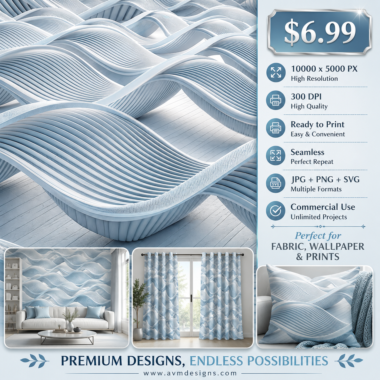 Abstract Wave Seamless Pattern Light Blue 3D Ribbed Flow Background for Wallpaper Fabric and Prints