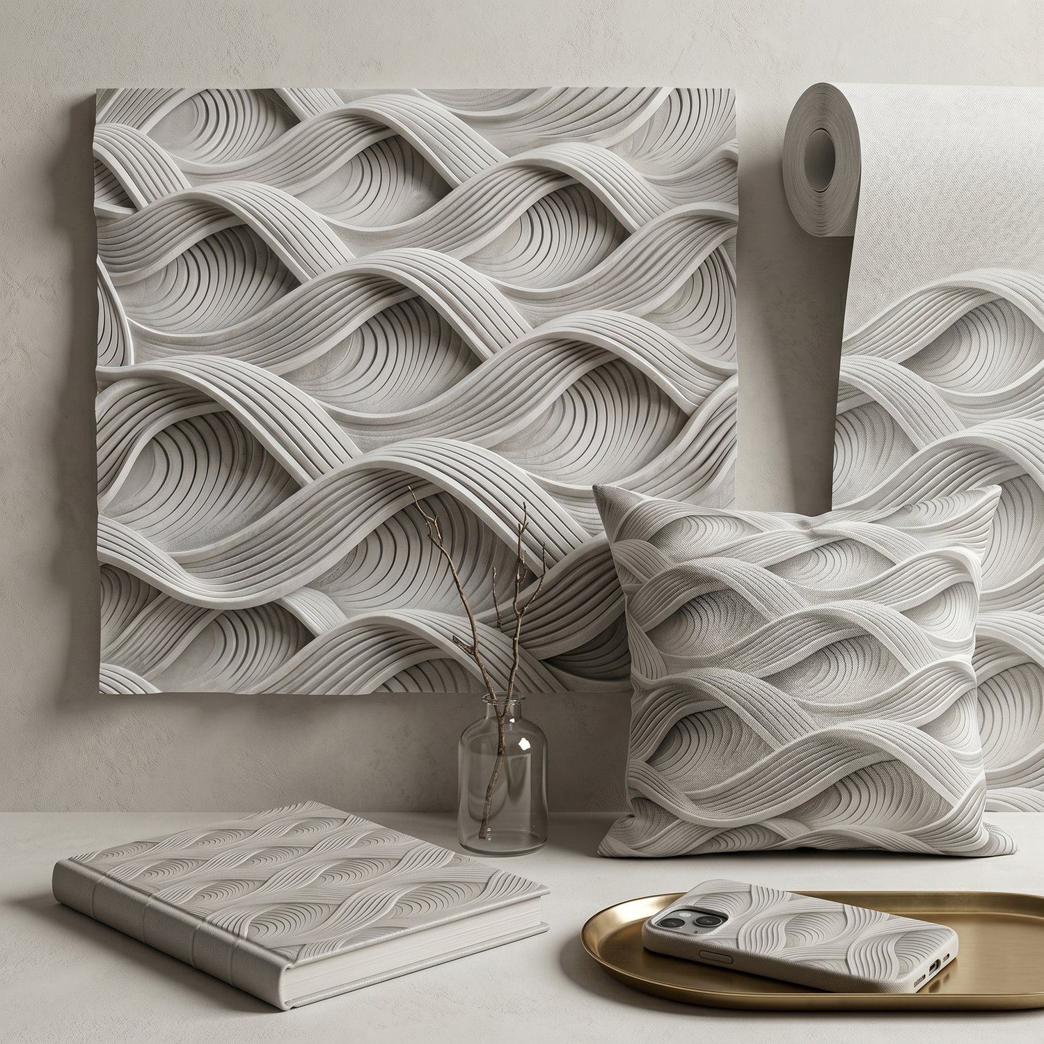 Abstract White Wave Seamless Pattern 3D Ribbed Flow Texture Minimalist Background for Wallpaper and Fabric Design