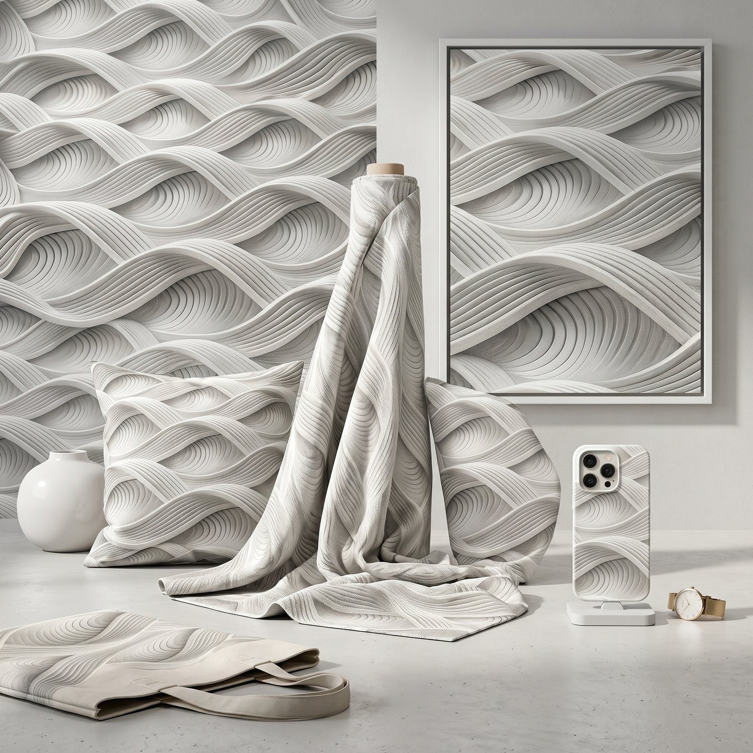 Abstract White Wave Seamless Pattern 3D Ribbed Flow Texture Minimalist Background for Wallpaper and Fabric Design