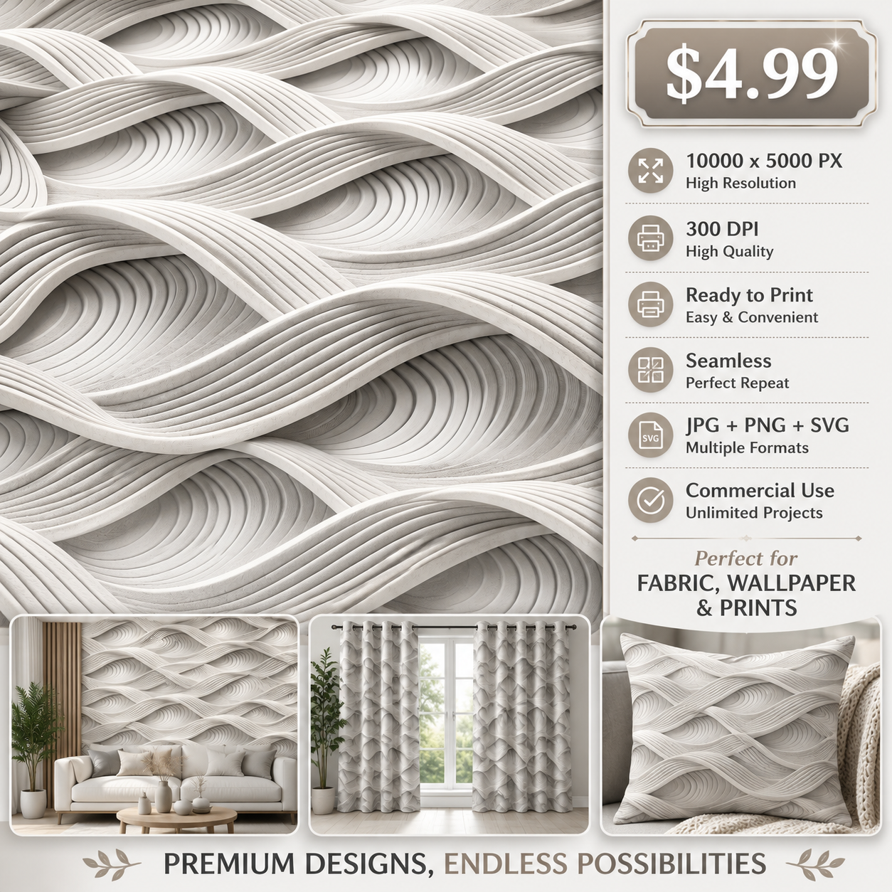 Abstract White Wave Seamless Pattern 3D Ribbed Flow Texture Minimalist Background for Wallpaper and Fabric Design