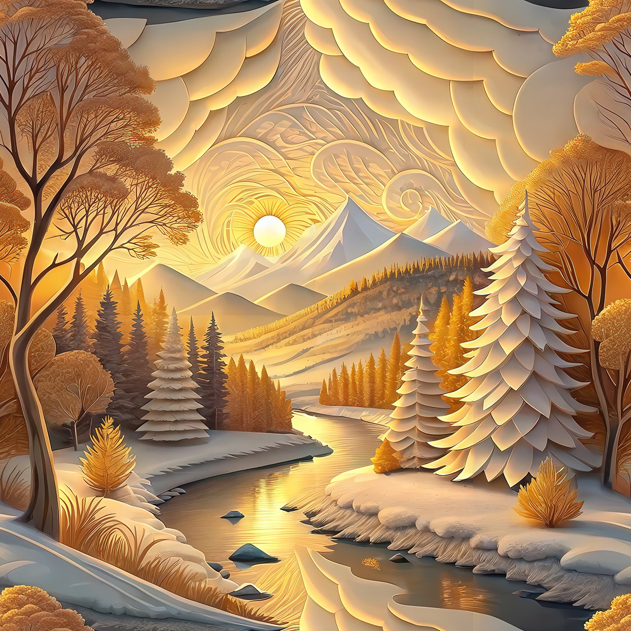 Golden Winter Landscape Seamless Pattern Paper Cut Forest Mountain River Background for Wallpaper and Prints