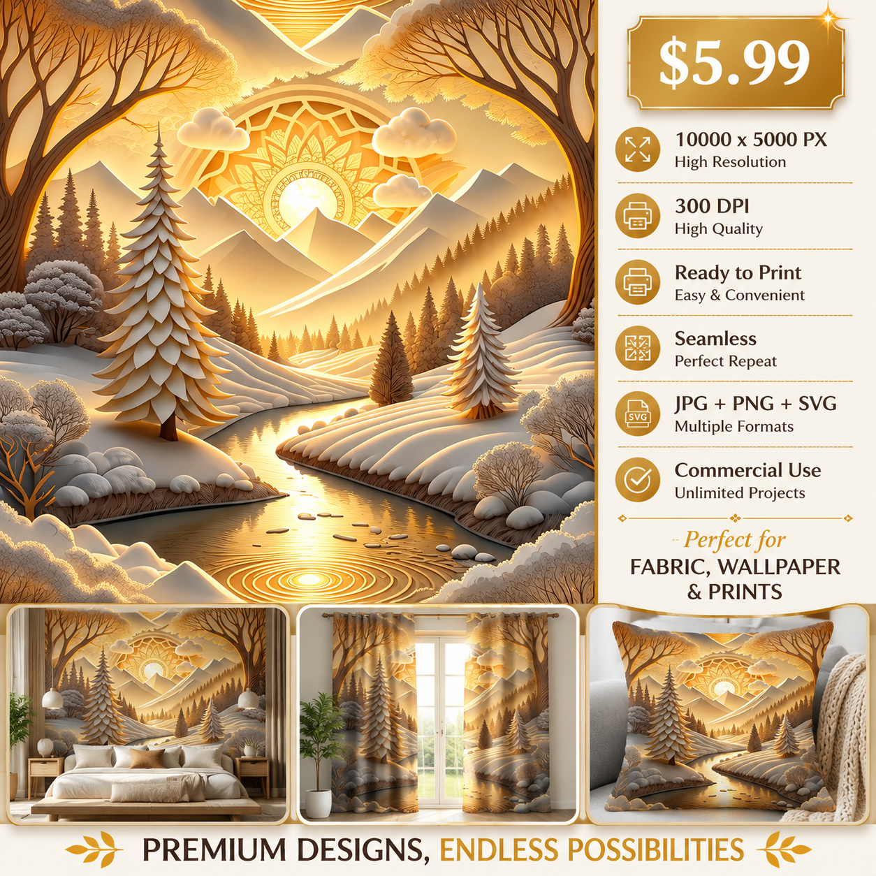 Golden Winter Landscape Seamless Pattern Paper Cut Forest Mountain River Background for Wallpaper and Prints