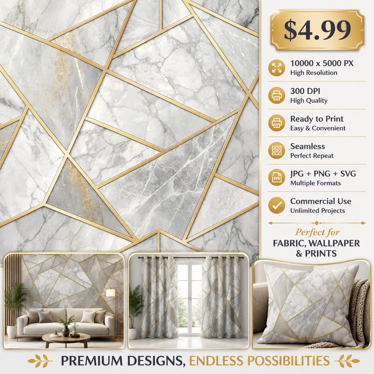Luxury White Marble Geometric Seamless Pattern Gold Line Abstract Stone Texture for Wallpaper and Interior Panels