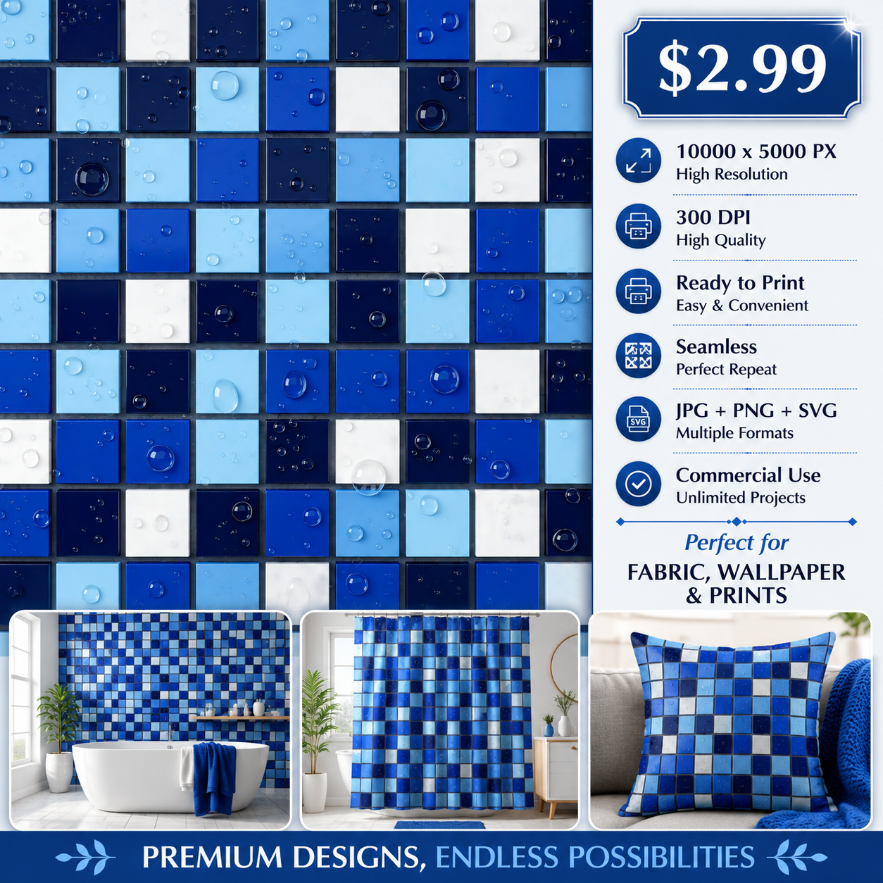 Blue Mosaic Tile Seamless Pattern Glossy Ceramic Squares Water Drop Texture for Wallpaper and Interior Panels (1)