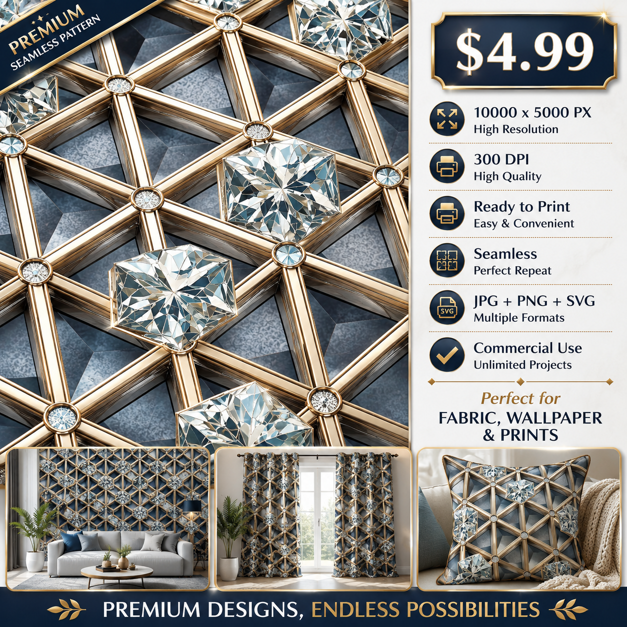 Luxury Diamond Geometric Seamless Pattern Gold Lattice Crystal Texture for Wallpaper and Interior Panels