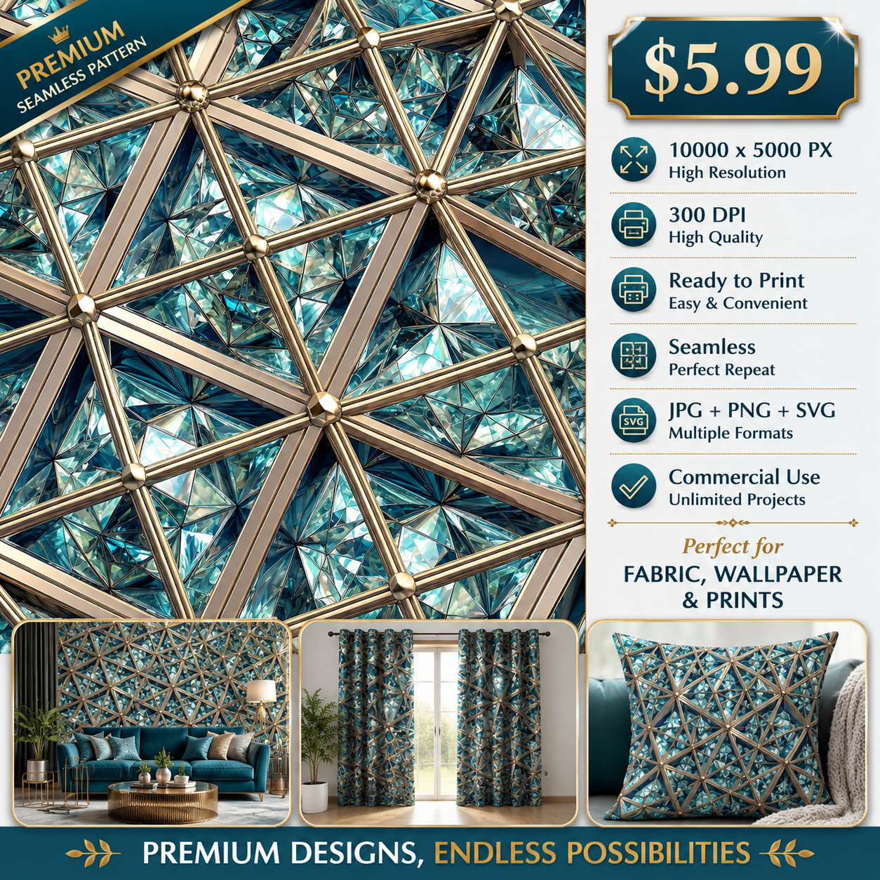 Luxury Aqua Diamond Geometric Seamless Pattern Gold Lattice Crystal Texture for Wallpaper and Interior Panels