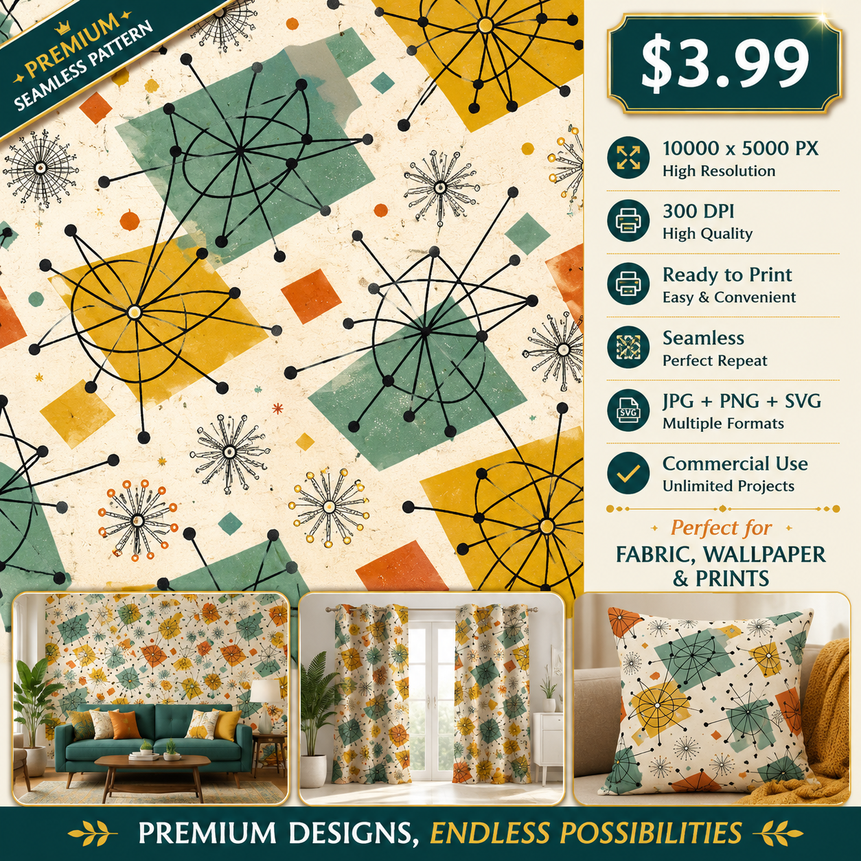Mid Century Atomic Geometric Seamless Pattern Retro Starburst Abstract Wallpaper Background