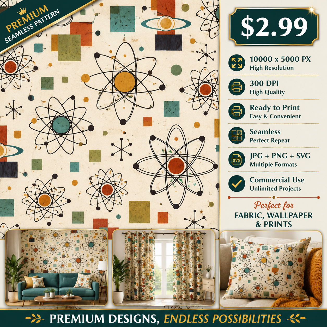 Mid Century Atomic Seamless Pattern Retro Science Atom Geometric Wallpaper Background