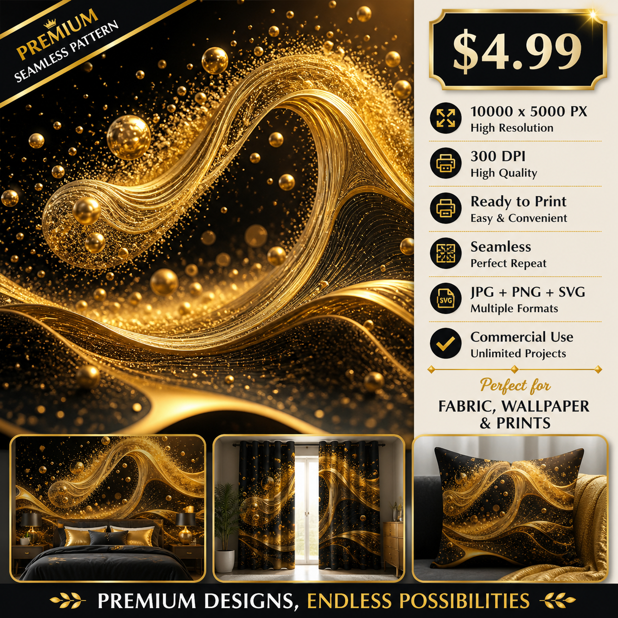 Luxury Gold Wave Seamless Pattern Abstract Metallic Flow Texture Black Background for Wallpaper and Prints