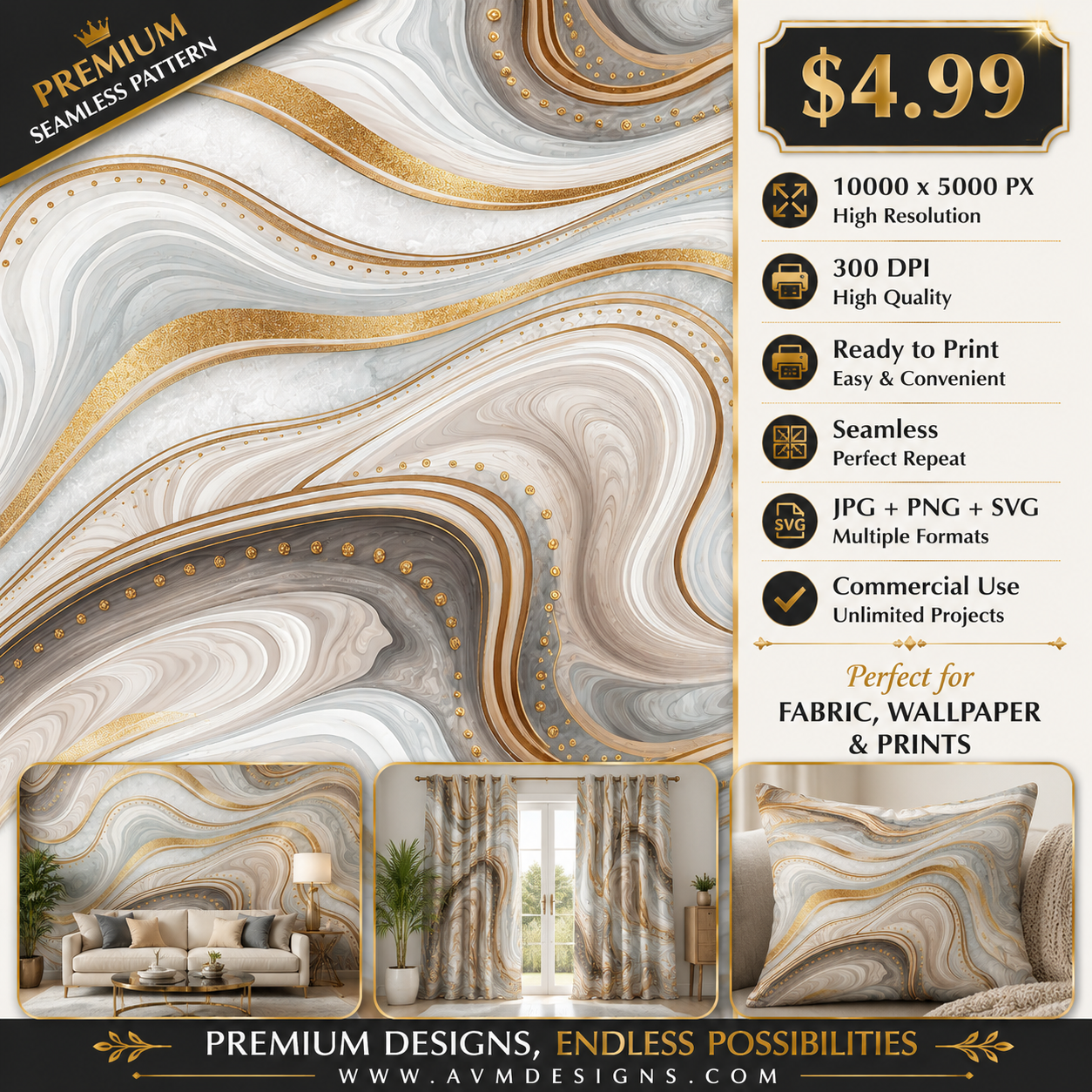Luxury White Gray Gold Marble Agate Seamless Pattern Abstract Fluid Wave Texture for Wallpaper and Prints